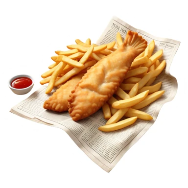 Fish and Chips Cinematic Realistic Fish and Chips Dish Emoji, depicted as a crispy battered fish fillet and golden chips served in traditional newspaper wrapping, rendered with lifelike textures and warm natural lighting that captures its iconic British street food charm  . sticker