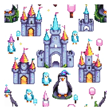 penguin wizard with magical sparkles, a unicorn, fairy, and tiny goblin companion in a pixelated fantasy world with a castle sticker