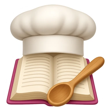 Create an emoji style image of a chef hat on top of a cookbook with a wooden spoon. The style should resemble apple style emojis with clear, concise details and vibrant colors. sticker