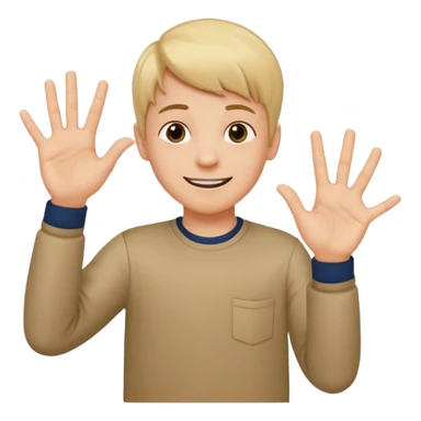 A boy who has his left hand say 6 and his right hand  7 and make the kid shrug and make him smile and white sticker