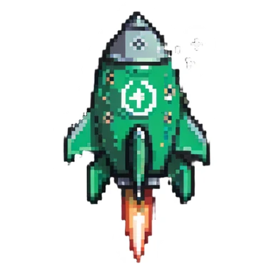 Green check mark with a small rocket ship, deployment success symbol sticker