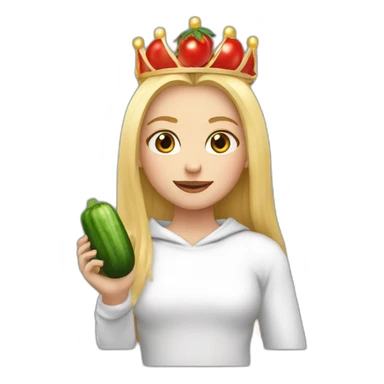 blonde girl  eating  cucumber and tomatoes with white hoodie iridescent and a crown princess sticker