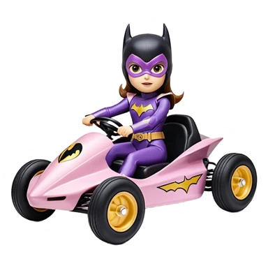 Hot full size real-appearance retro electric racing action BatGirl’s feminine midnight-colored tight outfit sixty’s tv show 1992 stealthy retro sporty safe plush petite off-road pursuit cruiser car rose gold accents (black hair,reclined and relaxed torso seating position) go kart  sticker