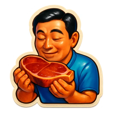 A Japanese man with a loving look holds a steak in his hands, preparing to eat it sticker