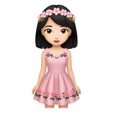 Pretty cute girl wearing a coquette dress, black hair with cute flowers, brown eyed sticker