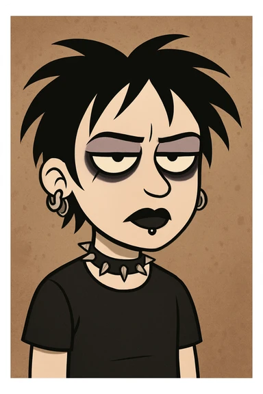 goth boy, cartoon style, black eyeliner, piercings, dark lipstick, dramatic look sticker