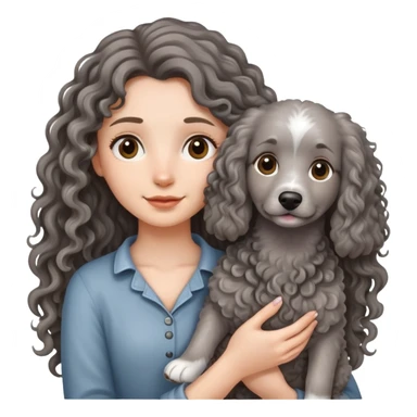 A long-haired girl holding a gray curly dog sticker
