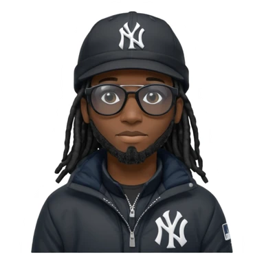 African American man with shoulder length black dreadlocks and black sunglasses wearing a black New York Yankees baseball hat with a North Face brand bubble winter coat sticker