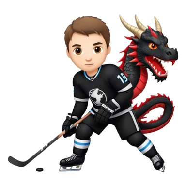 Ice hockey player, in black jersey, with dragon logo sticker