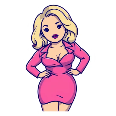 gorgeous woman with platinum wavy blonde hair with big puffy pouting burgundy lips, makeup, wearing a pink leather dress with cleavage, swaying her hips sticker