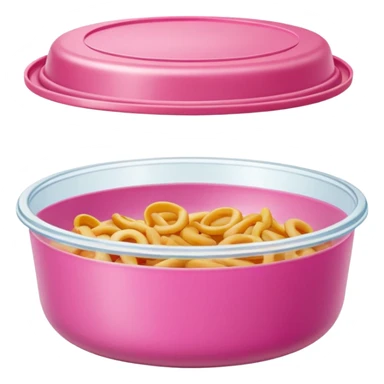 leftover food bowl, with plastic cover on top. pink sticker