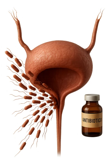 batteri intestinali che migrano ed entrano in una vescica anatomica realistica per infettarla, davanti a lei fluttua una boccetta con la scritta "ANTIBIOTICO", iperrealistico 4k sticker