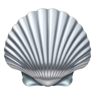 A seashell emoji made of polished silver chrome, smooth curved surface, reflective metallic highlights, elegant minimal design, iOS emoji style, centered, clean white background, soft lighting sticker