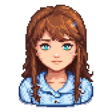 Change hair color to brown, keep the same pixel art style and side-swept bangs, with no background. sticker