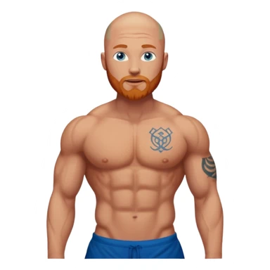 bald guy with a ginger beard, blue eyes and muscles with "GODBODY"  tattoo across abs stomach only, no arm tattoos  sticker