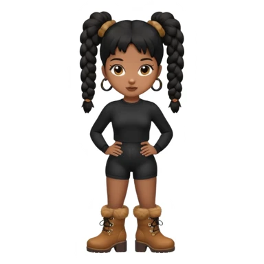 A brown skin girl thats slim and thick body with black hair into two puffy pigtails  and wears all black outfit with brown furry boots  sticker
