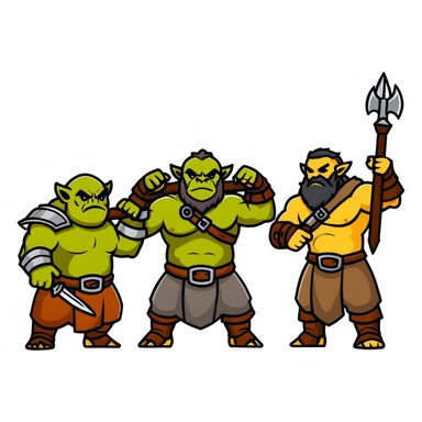 Lineage 2 fantasy characters with Orc warrior, Kamael fighter, Artea dancer, and Dwarven blacksmith sticker