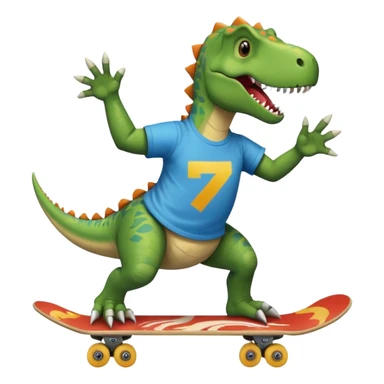 Dinosaur skateboarding at the skate park wearing a t-shirt and doing six seven and dancing sticker