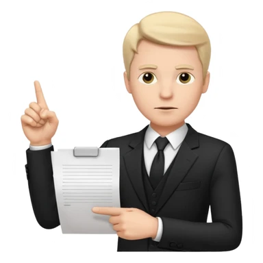 A white man in a black suit stands with a serious face and points at his hand holding papers. sticker