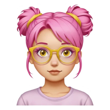 Girl with pink hair in a messy bun and yellow glasses sticker