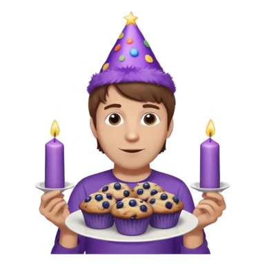 Man with brown hair wearing purple shirt and a party hat holding several blueberry muffins either candles in them  sticker