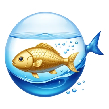 Golden omega-3 capsule floating in blue liquid currents, with an ethereal fish gently spinning around a radiant brain. Blue water waves expand from the brain, promoting mental clarity, emotional calm, and cardiovascular fluidity. sticker
