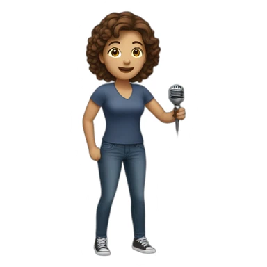 woman with brown hair and microphone sticker