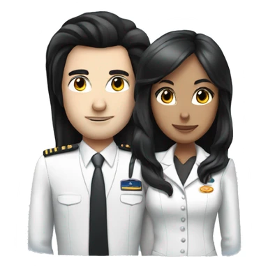 Flight attendant with long black hair and white skin with a pilot man with black hair sticker