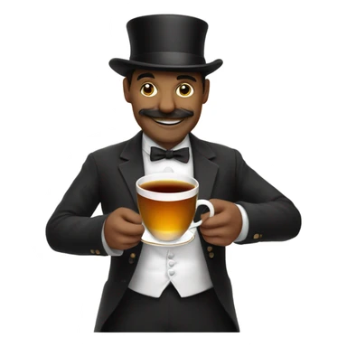 Sleek smile while drinking small tea with pinky up. Man wearing top hat with small mustace sticker