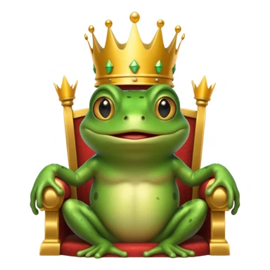 A frog wearing a crown, confidently sitting on a golden throne, portrait, bust up sticker