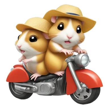 Two hamsters wearing swim shorts and sun hats driving by motorbike on the beach sticker