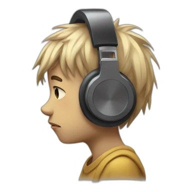 Illustrate a melancholic emoji of a sad boy, head bowed, with headphones on, lost in the emotional melodies of heartbreak. sticker