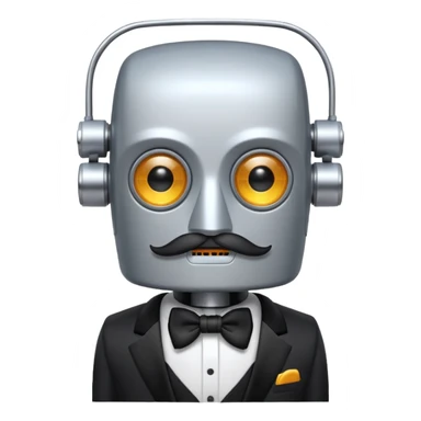 Robot with a square head, thick handlebar moustache, headlight eyes, wearing a tuxedo, buff sticker