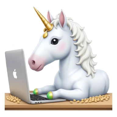 Unicorn coding on a laptop, with peanuts all over the computer sticker