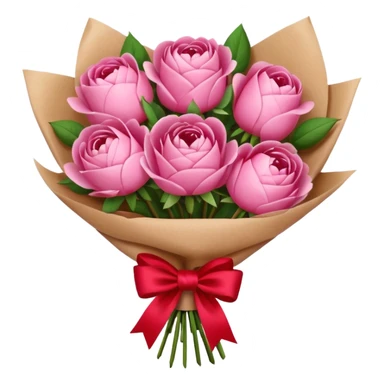 Bouquet of pink flower like rose and peony wrapped in kraft paper with red bow sticker