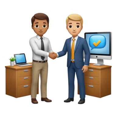 a video editor handshaking with a castomer. customer wears suit and tie but video editor wears shirt and trouser. they are handshaking inside a corporate office. sticker