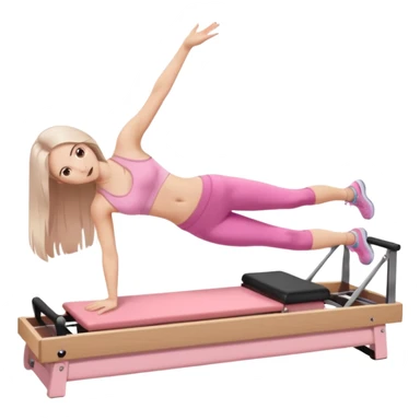 pretty white brunette teen long hair with hazel eyes and a small waist in light pink workout clothes in a plank on a pilates reformer sticker