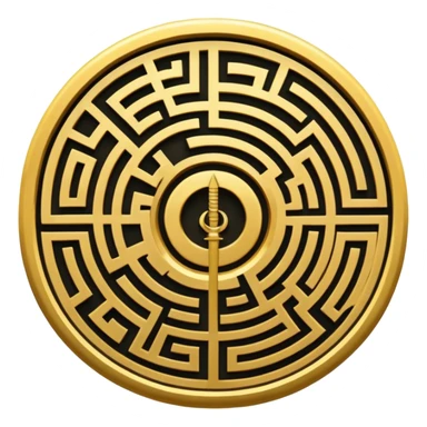A vertical sword in the center of a circular maze, inside of which is embedded a thin astrolabe. The lines are strict, geometric, and symmetrical. The material is a dark metal (antimonium). The style is a minimalistic alchemical sign. sticker