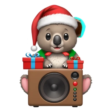 Koala sitting on toniebox speaker with a santa hat and presents around him, make the backroun festive sticker