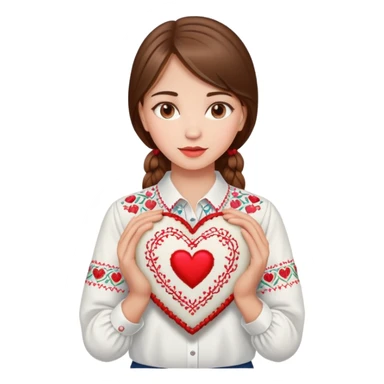 Beautiful young girl with brown hair in a white Ukrainian embroidered shirt holding a large embroidered heart sticker