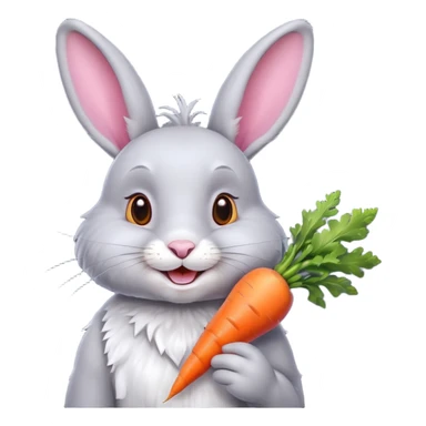 Grey rabbit, holding a carrot, grinning with joy
 sticker