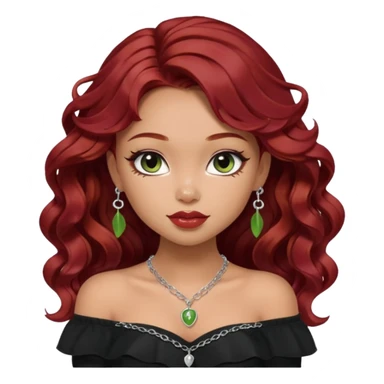 a pretty fair bratz girl with wavy dark red hair, wearing a black off shoulder top . silver dainty layered necklaces, carrying a matcha sticker