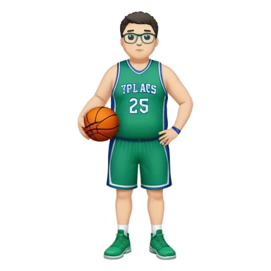 Full Body overweight white male with dark short spike hair basketball player wearing glasses wearing blue and green uniform sticker