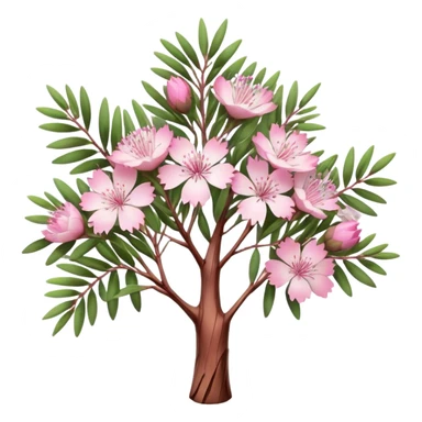 Cinematic Realistic Melaleuca Emoji, Elegant and resilient, with peeling, papery bark and delicate, needle-like leaves. The tree stands tall and graceful, with clusters of white and pink flowers dotting the branches. Soft glowing outline, capturing the essence of natural elegance and resilience in a beautiful melaleuca tree! sticker