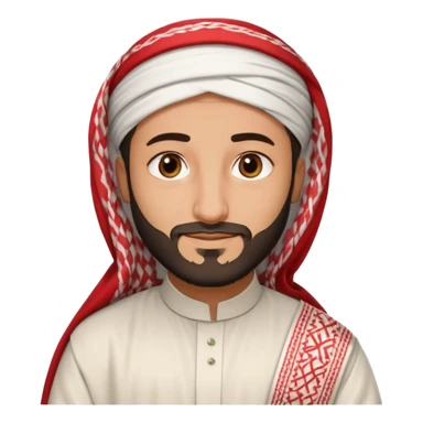 detailed iPhone-style emoji of a Saudi man resembling Crown Prince Mohammed bin Salman, soft round cartoon face, short beard, gentle brown eyes, calm confident smile, wearing traditional white thobe, red-and-white shemagh with black agal, both hands gently visible sticker
