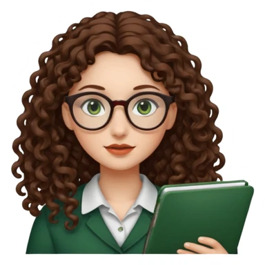 rapariga, olhos verdes escuros, cabelos compridos aos caracóis, com óculos sticker