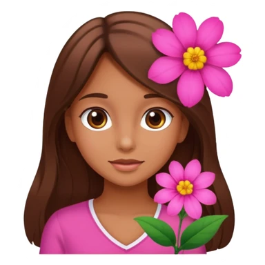 A tanned girl's face waved long brown hair with pink flower sticker