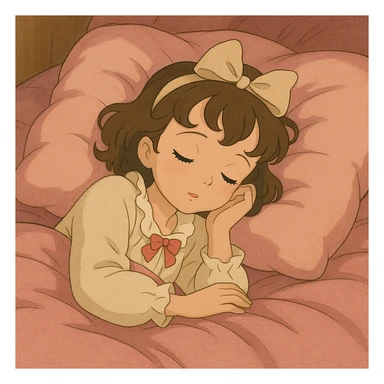 coquette girl sleeping in a pink soft bed, ghibli style sticker