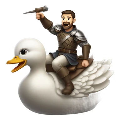 Confident armored White Man with dark brown hair and a short beard pointing forward with one arm yelling a battle charge while riding on the back of a giant duck sticker