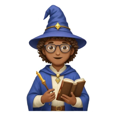 A Joyful Teen Male with Brown skin and Curly hair, wearing a Traditional outfit, a Wizard hat, Sunglasses, carrying a Spellbook, working as a farmer, while drinking Coffee and reading a Textbook. sticker